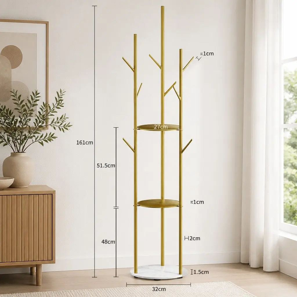 Coat Rack Clothes Stand 8 Hook Hall Tree Organizer with Shelves Gold Entryway