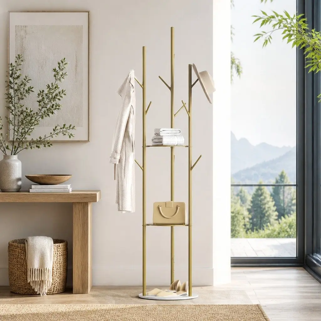 Coat Rack Clothes Stand 8 Hook Hall Tree Organizer with Shelves Gold Entryway