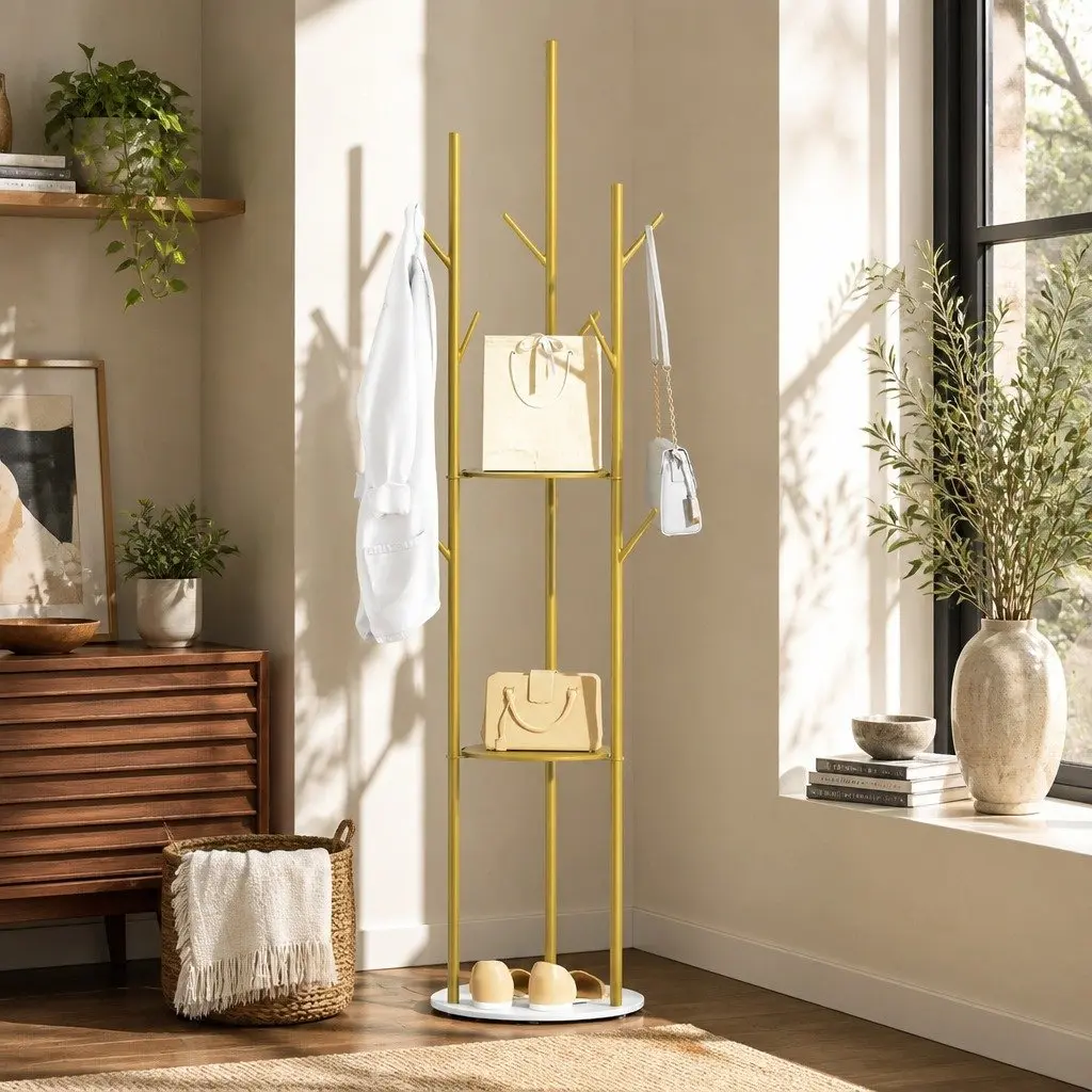 Coat Rack Clothes Stand 8 Hook Hall Tree Organizer with Shelves Gold Entryway