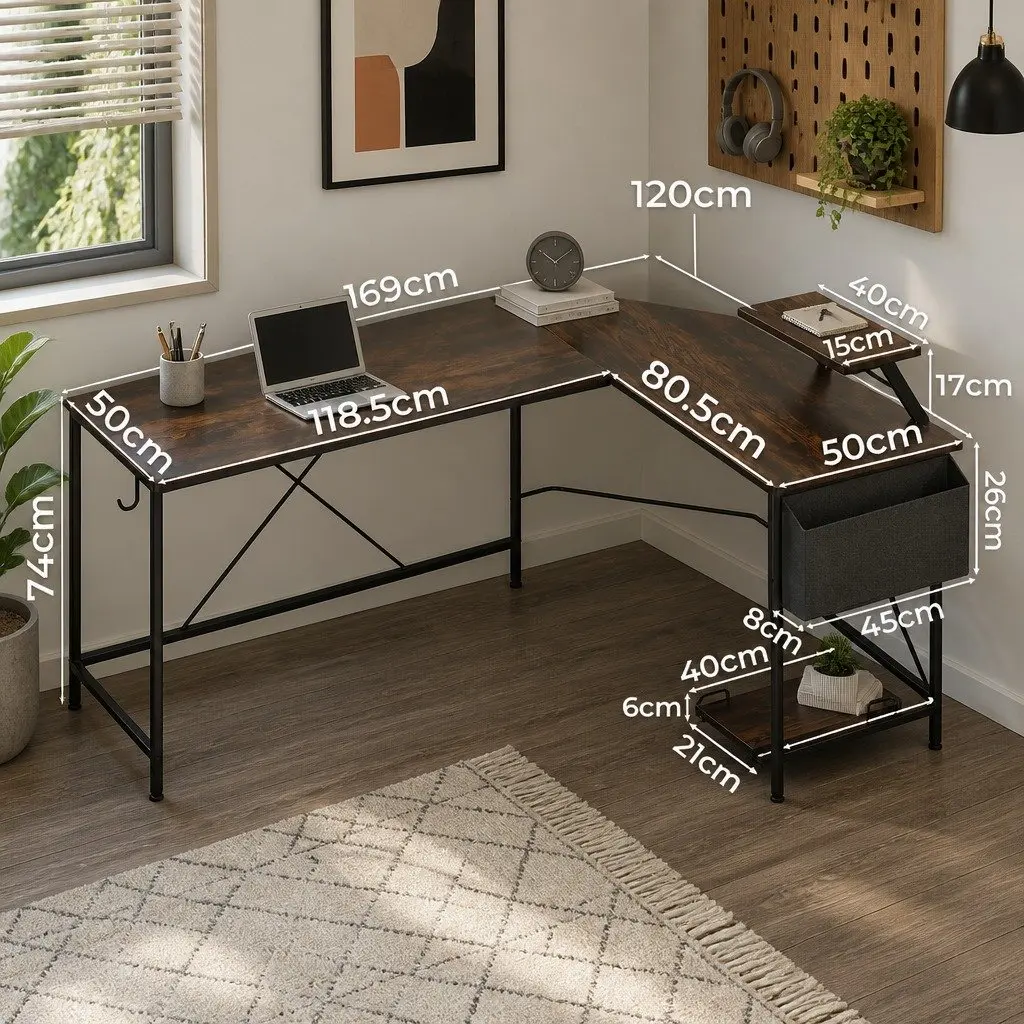 L-Shaped Corner Computer Desk with Monitor Stand CPU Storage Brown Workstation