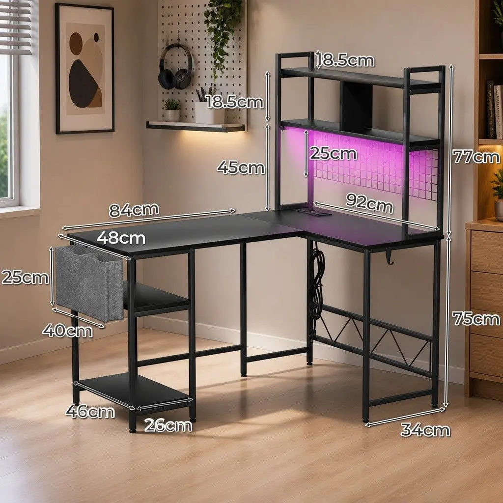 L Shaped Gaming Desk with RGB LED Lights Storage Black Workstation Computer