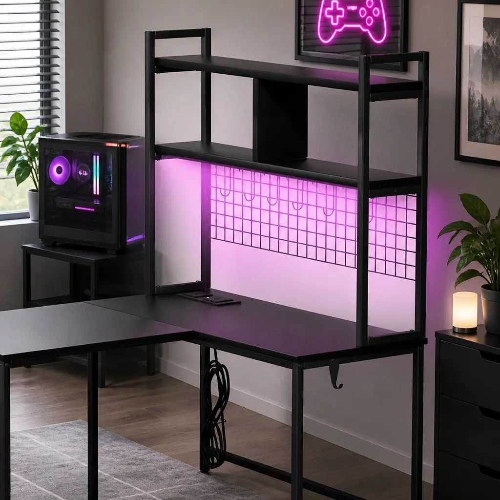 L Shaped Gaming Desk with RGB LED Lights Storage Black Workstation Computer