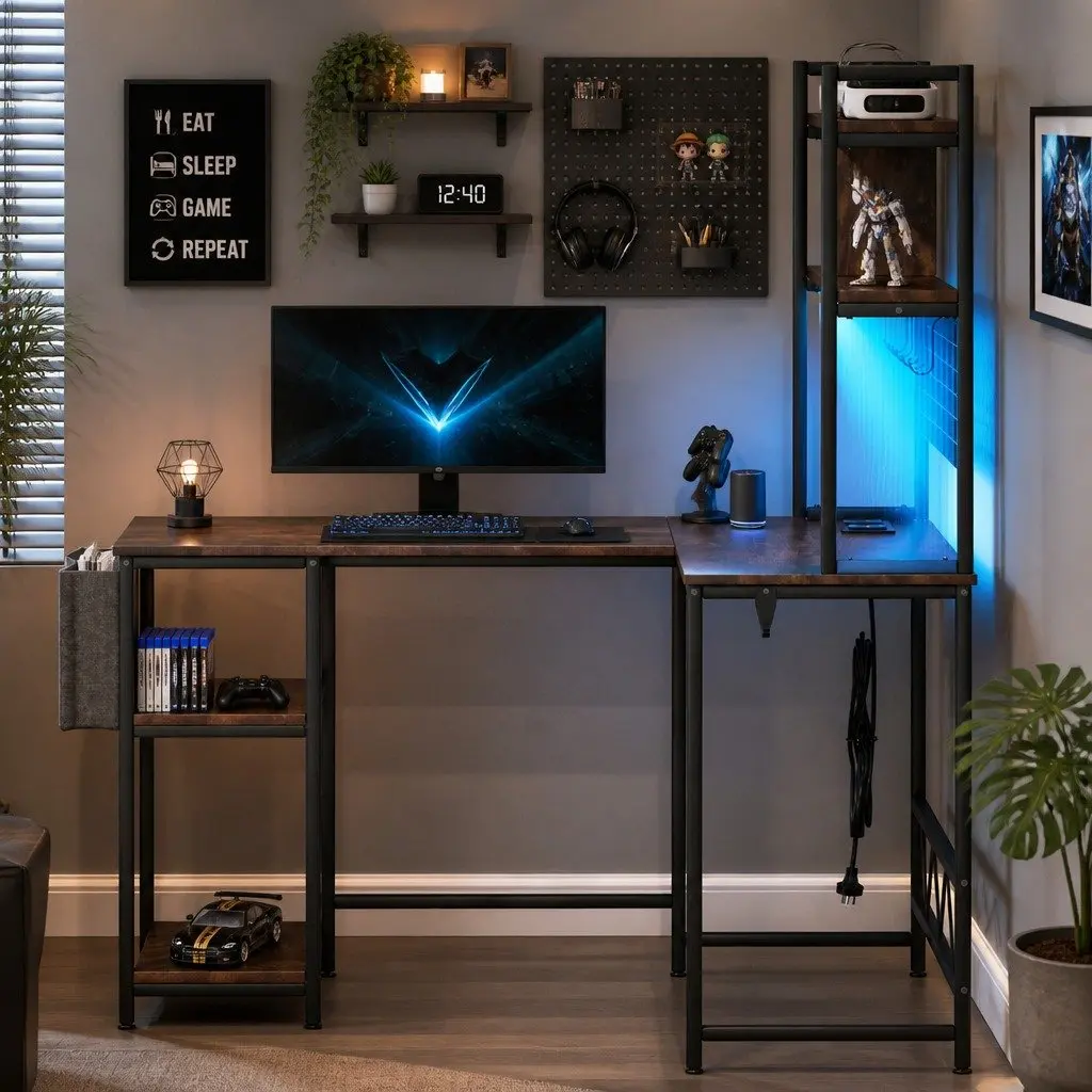 L Shaped Gaming Desk for Office or Gaming Room with RGB LED Lights Brown