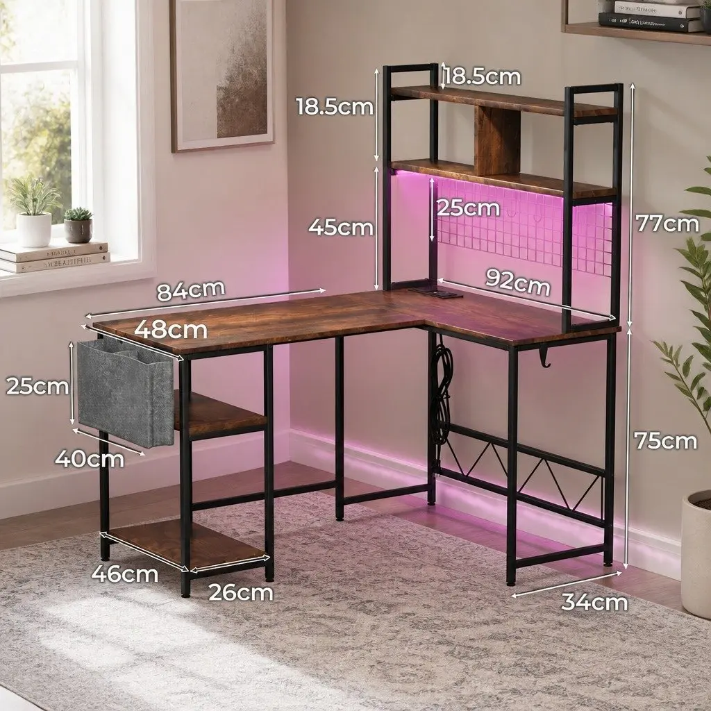 L Shaped Gaming Desk for Office or Gaming Room with RGB LED Lights Brown