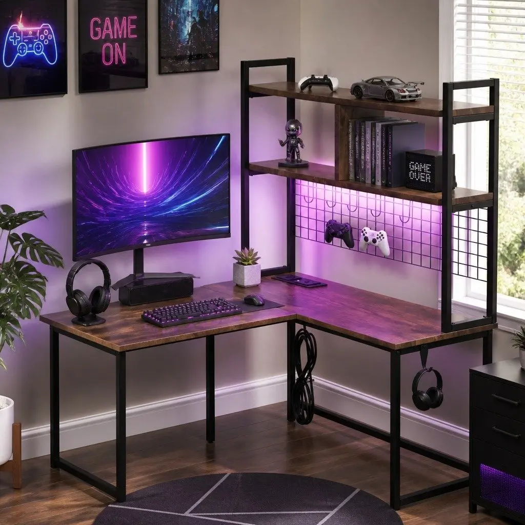 L Shaped Gaming Desk for Office or Gaming Room with RGB LED Lights Brown