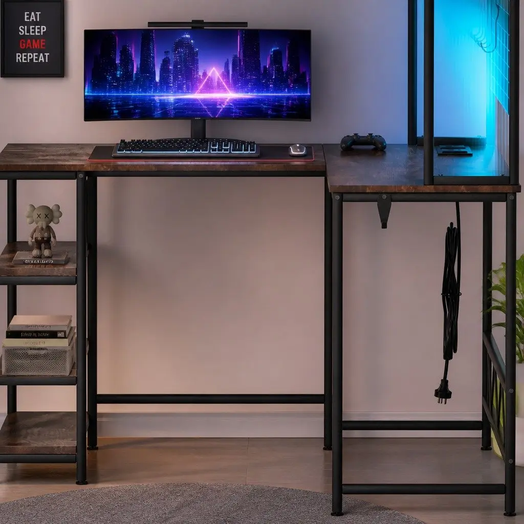 L Shaped Gaming Desk for Office or Gaming Room with RGB LED Lights Brown