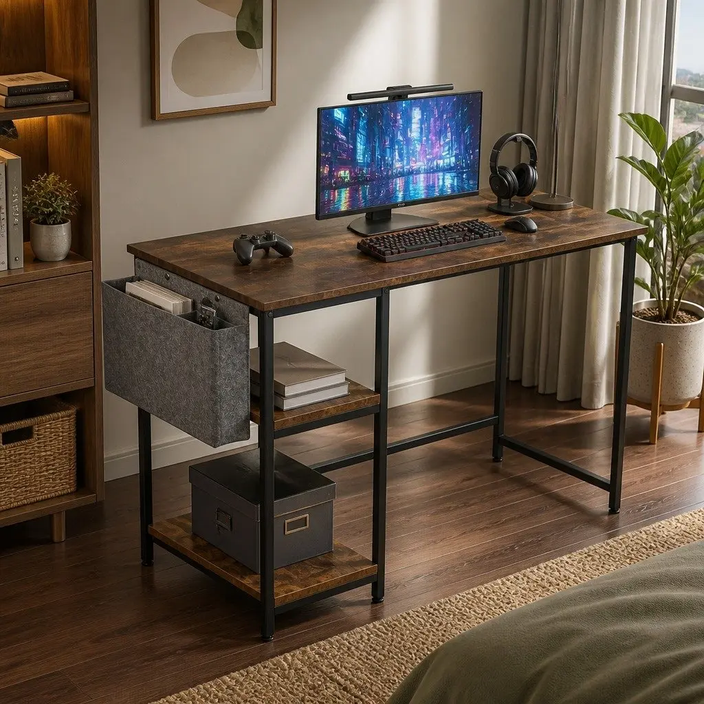 L Shaped Gaming Desk for Office or Gaming Room with RGB LED Lights Brown