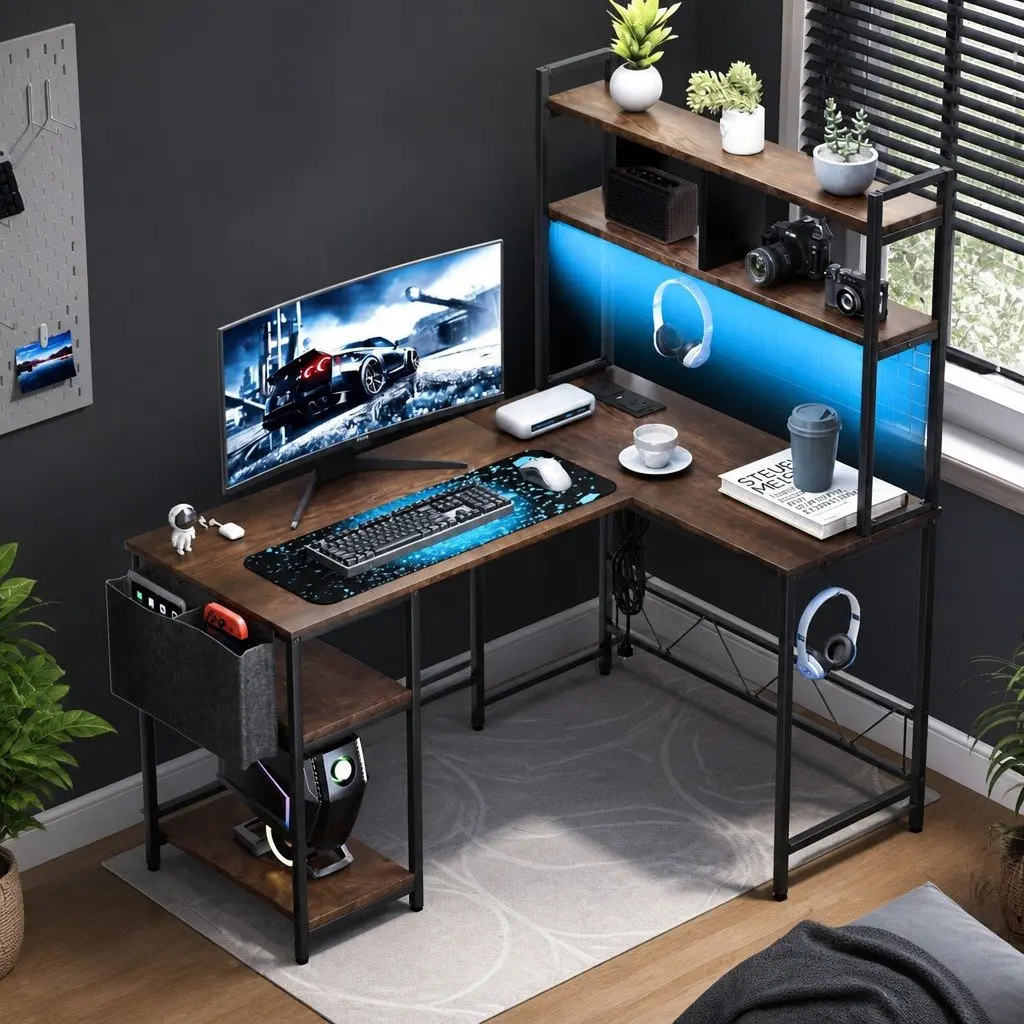 L Shaped Gaming Desk for Office or Gaming Room with RGB LED Lights Brown