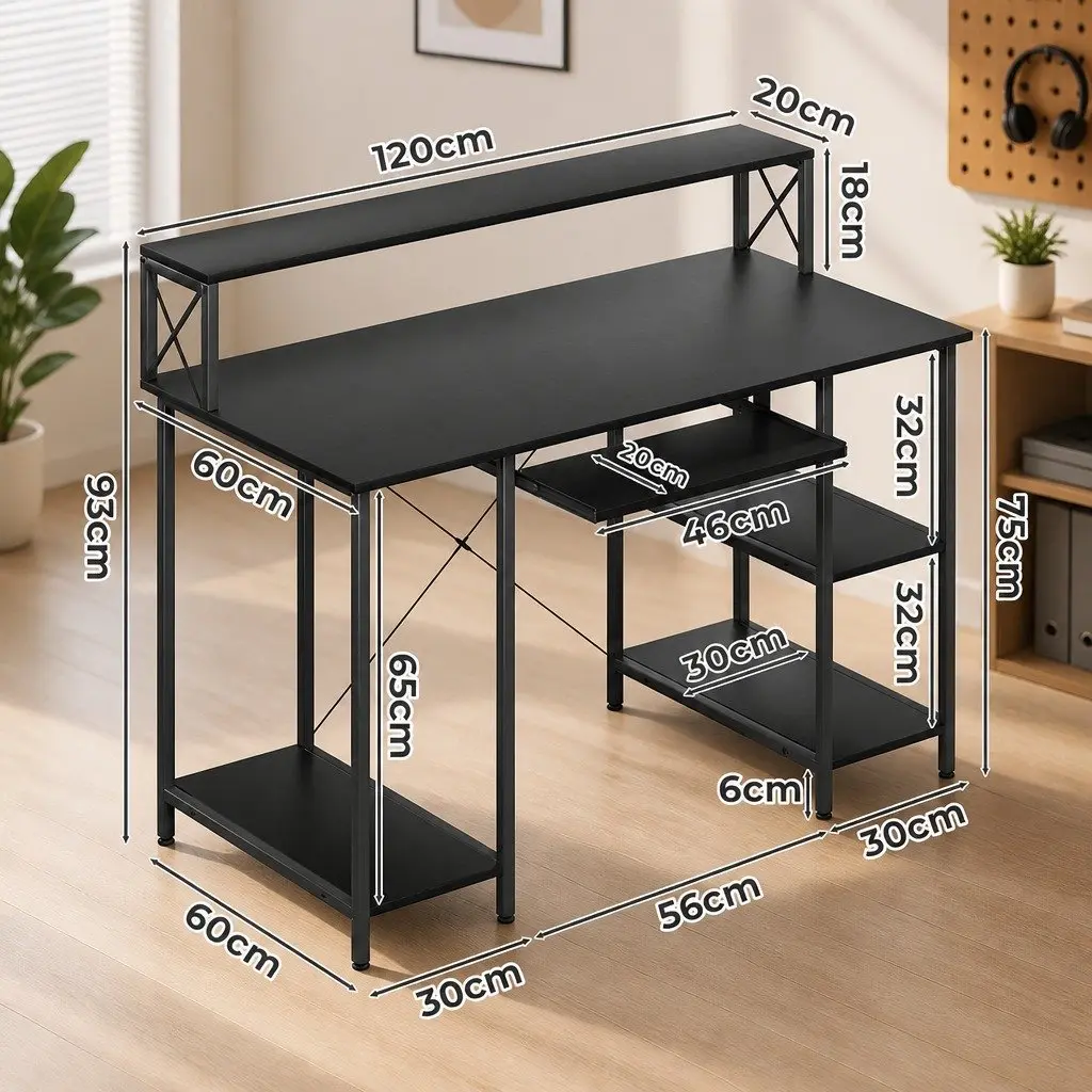 Office Desk for Gaming and Work Black Industrial Style 120cm x 60cm x 93cm