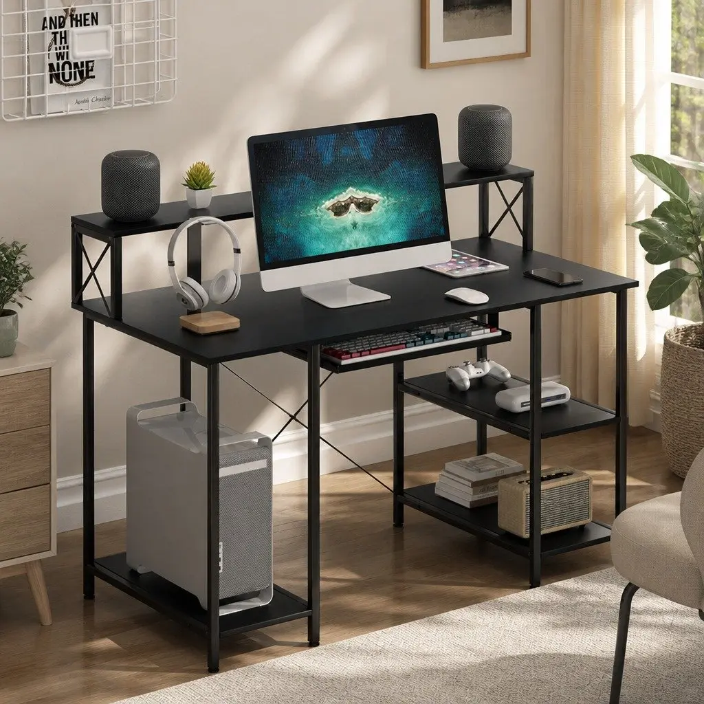Office Desk for Gaming and Work Black Industrial Style 120cm x 60cm x 93cm