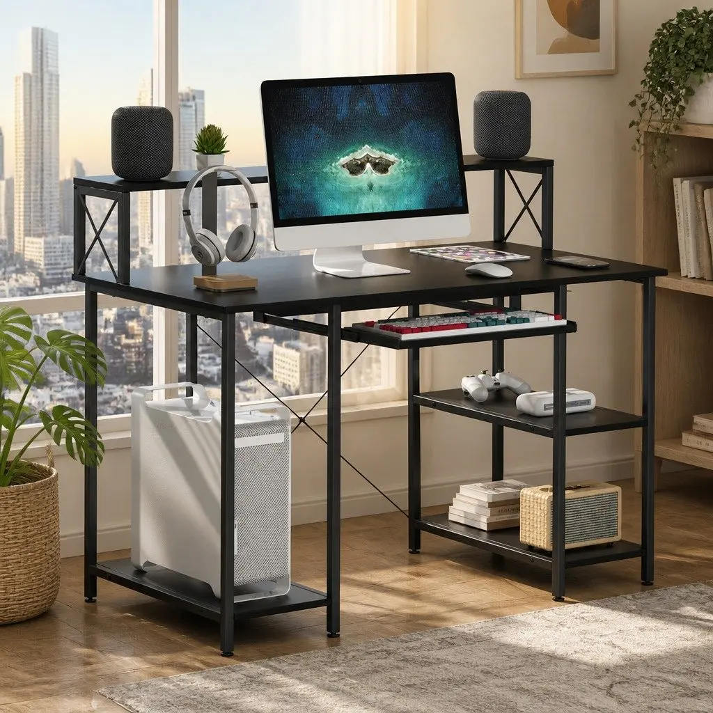 Office Desk for Gaming and Work Black Industrial Style 120cm x 60cm x 93cm