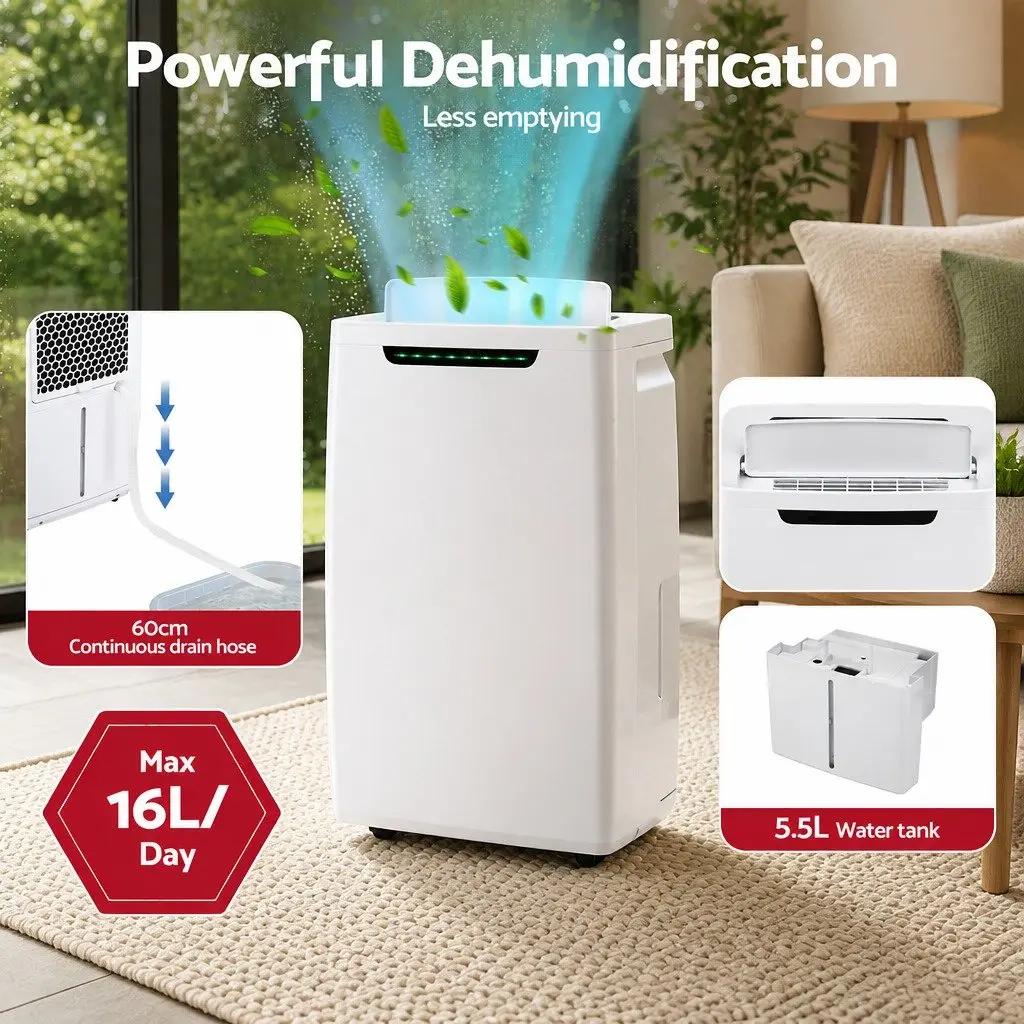 Dehumidifier for Damp Rooms 16L/Day Portable Air Dryer with 5.5L Tank White