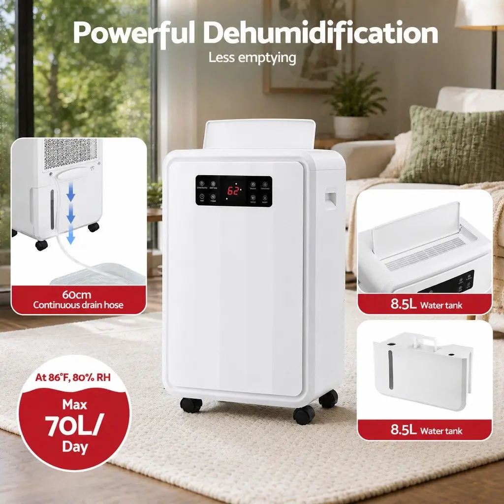 70L/Day Dehumidifier with 8.5L Water Tank Large Space Moisture Absorber White