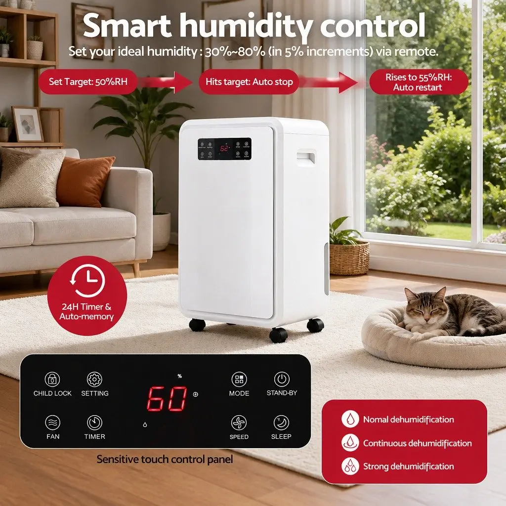 70L/Day Dehumidifier with 8.5L Water Tank Large Space Moisture Absorber White