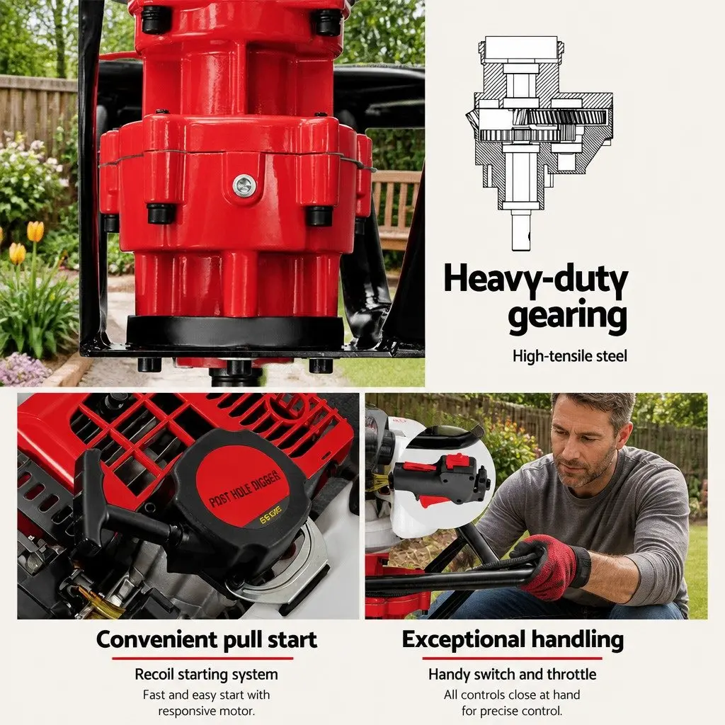 Post Hole Digger for Garden 65CC Petrol with Augers and Extension Shafts 100mm 200mm 300mm
