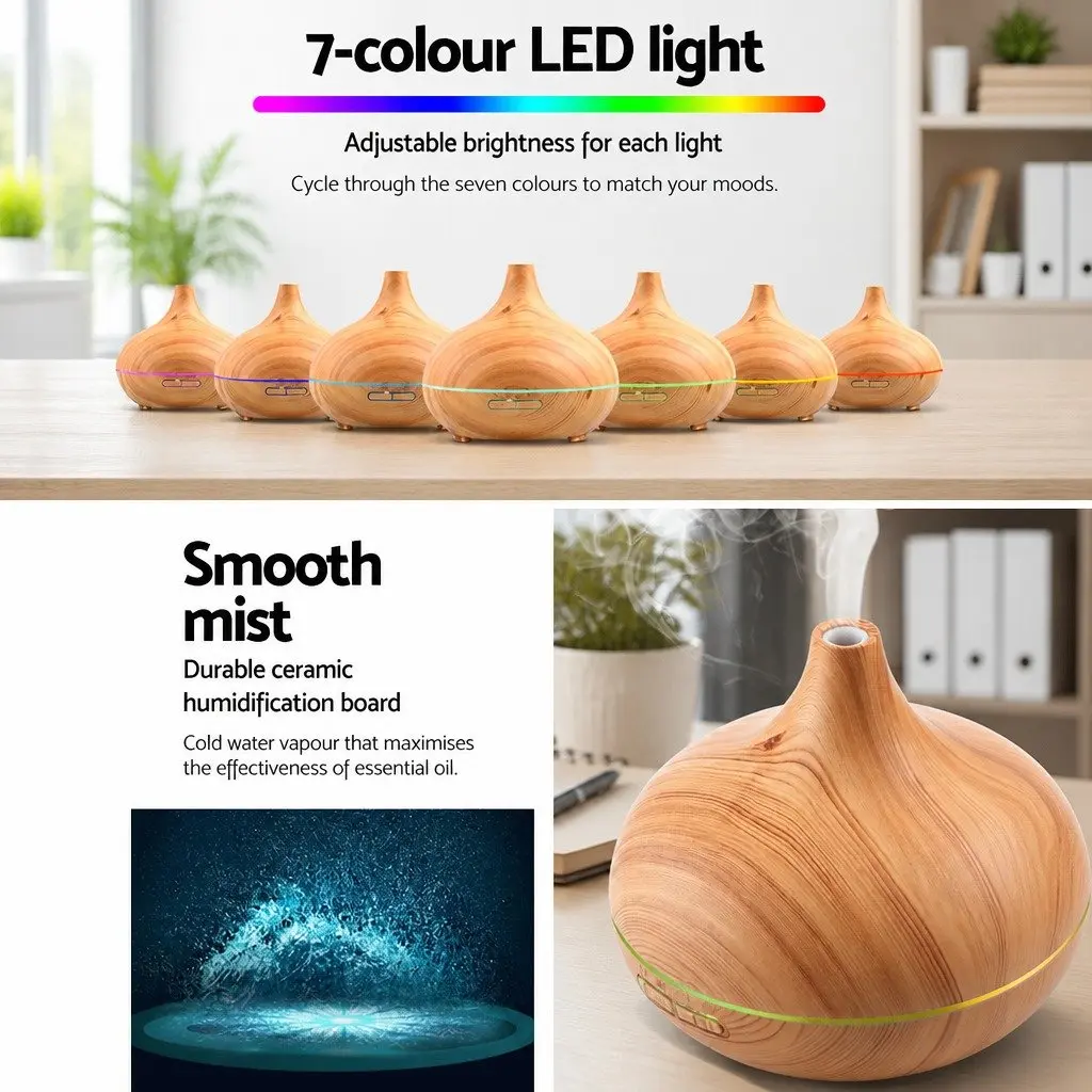 Aroma Diffuser Humidifier 300ml Light Wood Ultrasonic Mist Aromatherapy Night