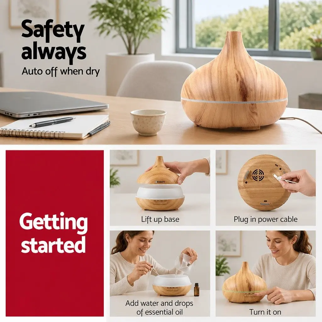Aroma Diffuser Humidifier 300ml Light Wood Ultrasonic Mist Aromatherapy Night