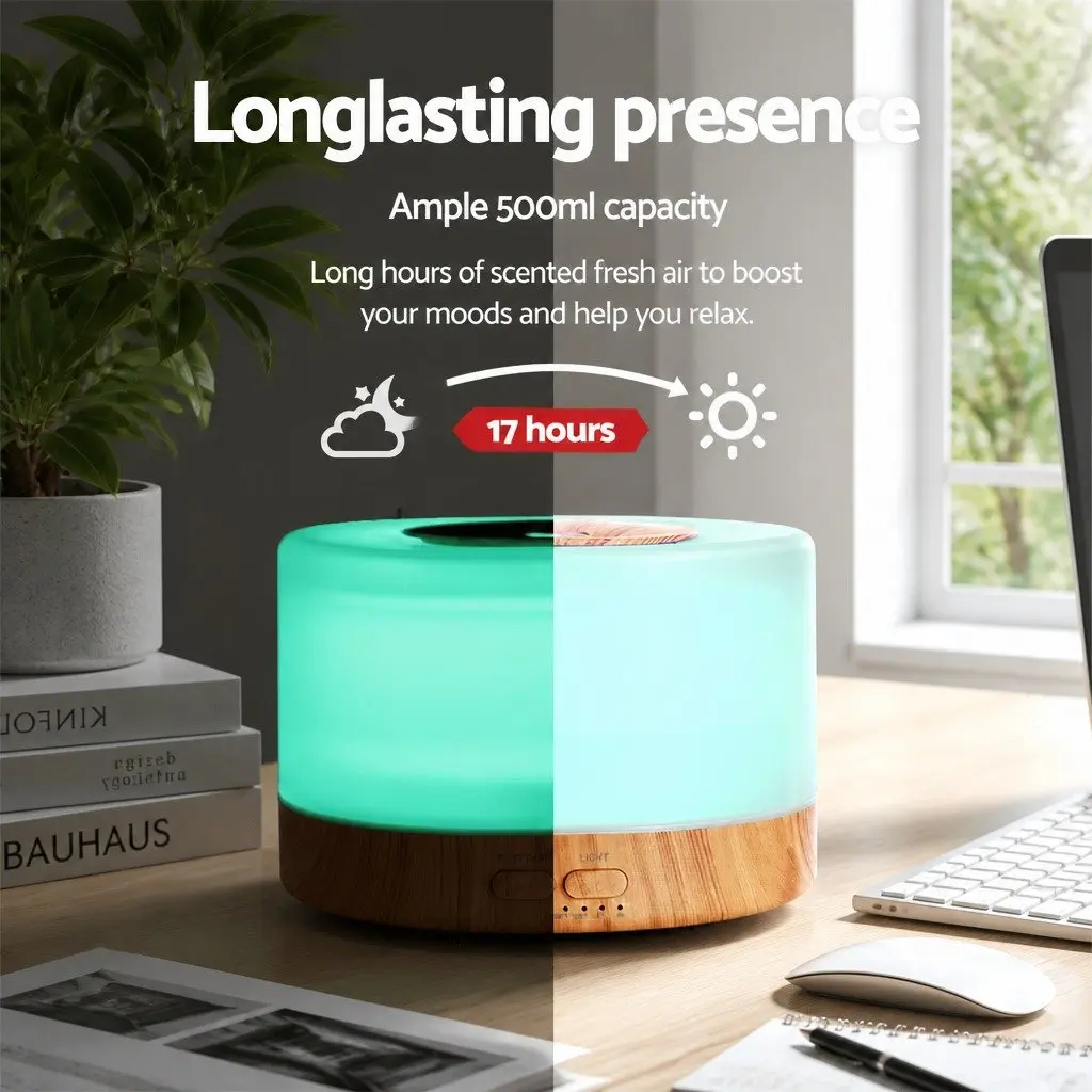 Aroma Diffuser for Home 500ml Light Wood 4-in-1 Humidifier Night Light Remote