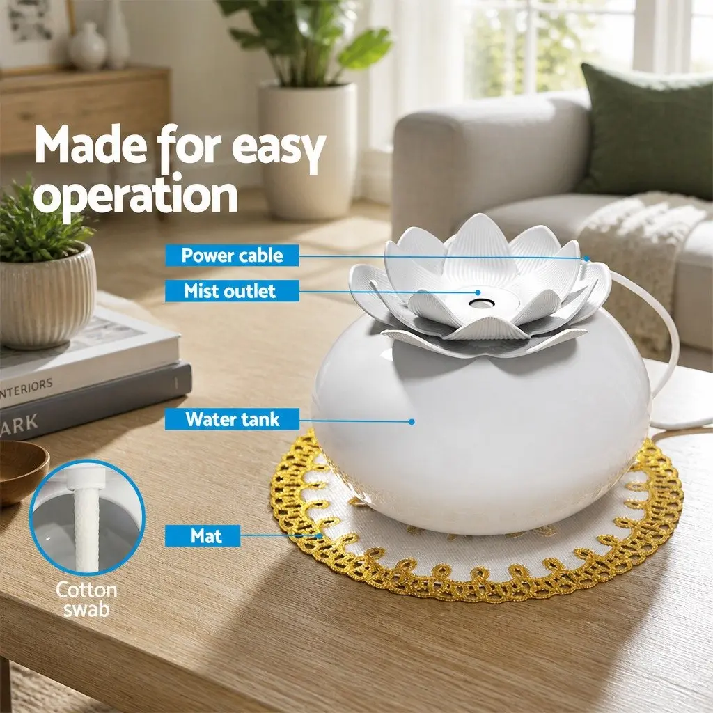 Aroma Diffuser for Home 200ml Lotus Ceramic White Ultrasonic Humidifier