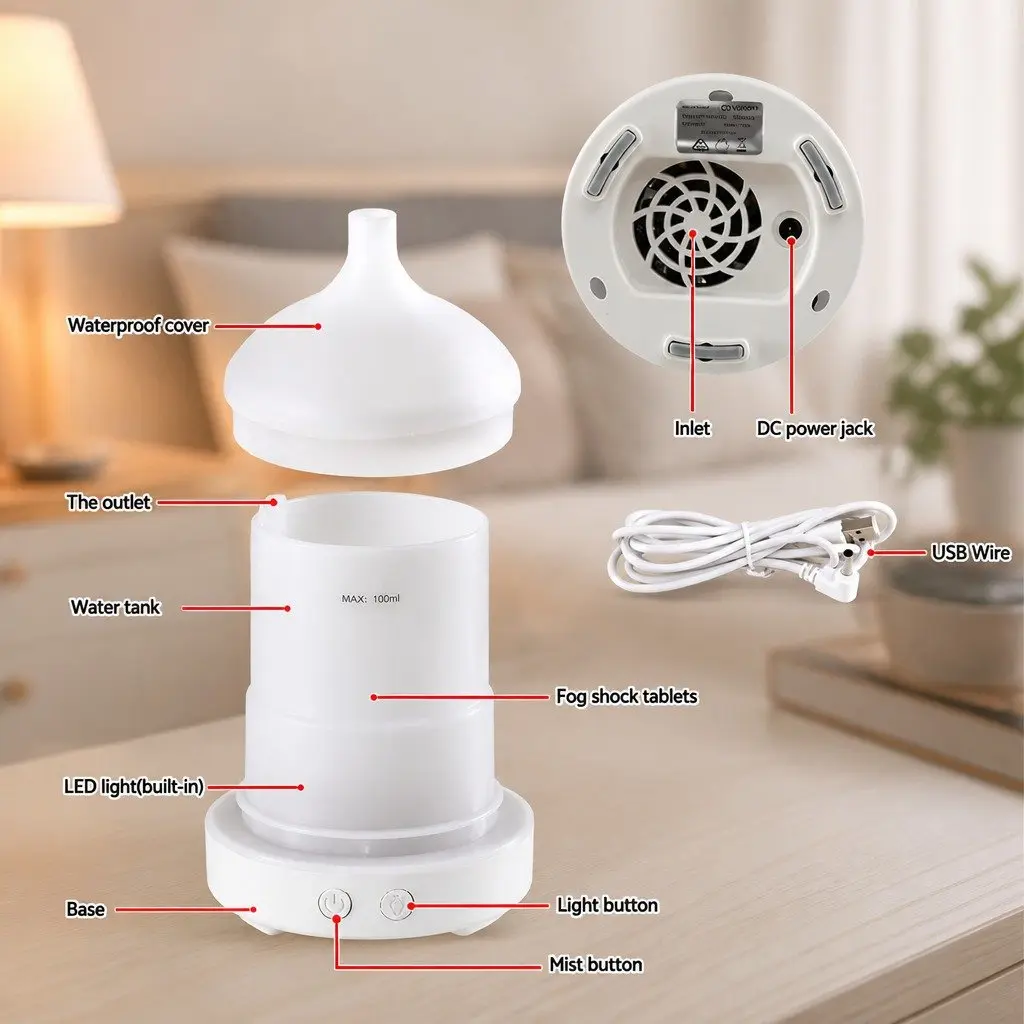 Aroma Diffuser Humidifier for Home 100ml with LED Night Light and Ultrasonic Technology