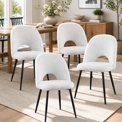 Specifications for 4 White Boucle Dining Chairs with Curved Backrest