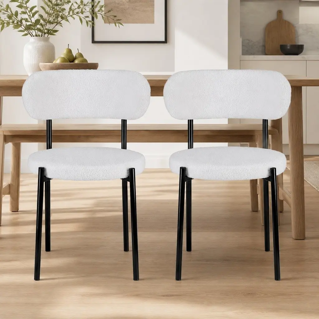 Dining Chairs Set of 2 Sherpa Boucle White Curvy Backrest Round Design Soft
