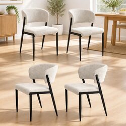 4 Beige Linen Upholstered Dining Chairs with Metal Frame