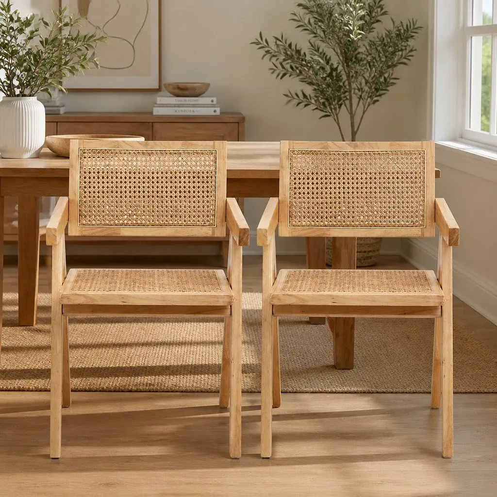 Dining Chair Wooden Rattan Seat Rubber Wood Frame Natural Pine Kitchen Furniture