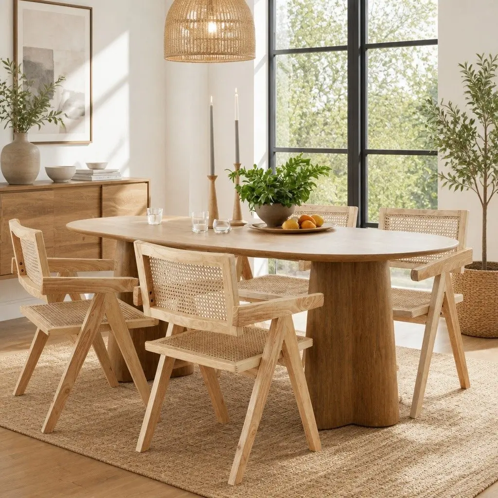 Dining Chair Wooden Rattan Seat Rubber Wood Frame Natural Pine Kitchen Furniture