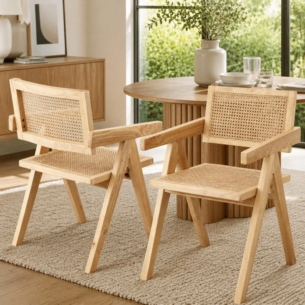 Dining Chair Wooden Rattan Seat Rubber Wood Frame Natural Pine Kitchen Furniture
