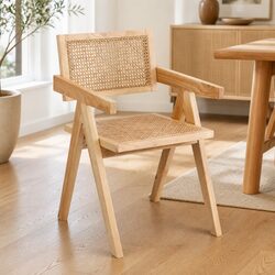 Dining Chair Wooden Rattan Seat Rubber Wood Frame Kitchen Furniture Natural Pine
