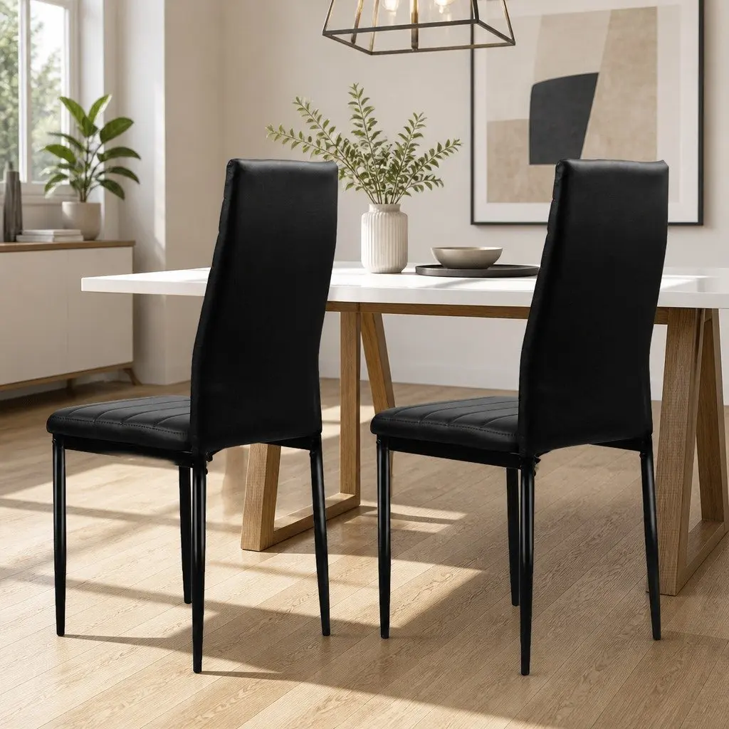 Set of 4 Black Metal Leg Dining Chairs with Channel Tufted PVC Leather Seats