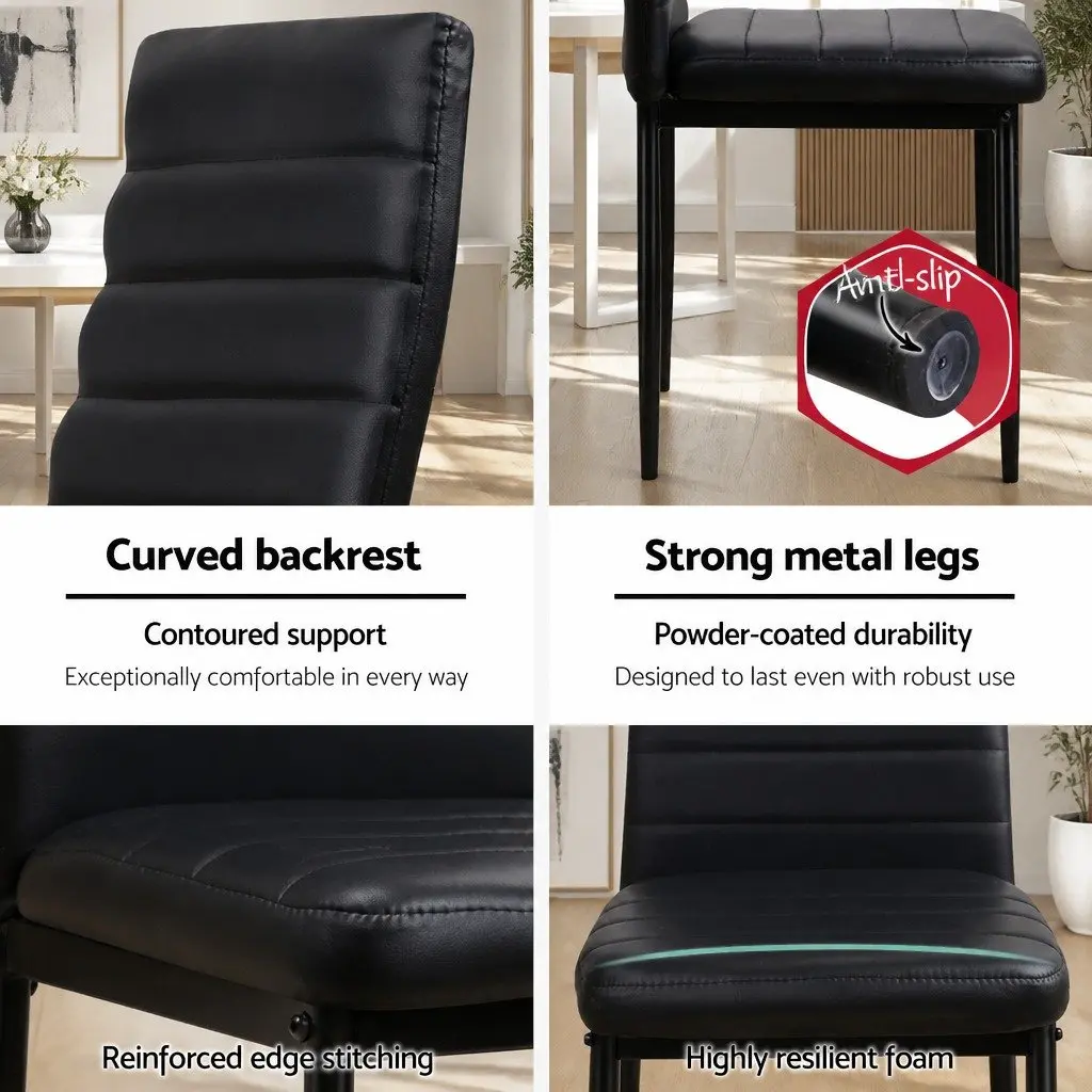 Set of 4 Black Metal Leg Dining Chairs with Channel Tufted PVC Leather Seats