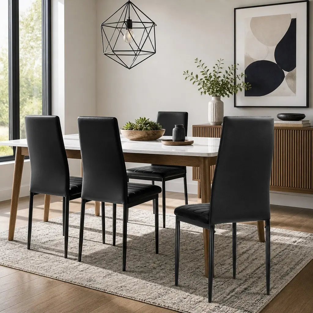 Set of 4 Black Metal Leg Dining Chairs with Channel Tufted PVC Leather Seats