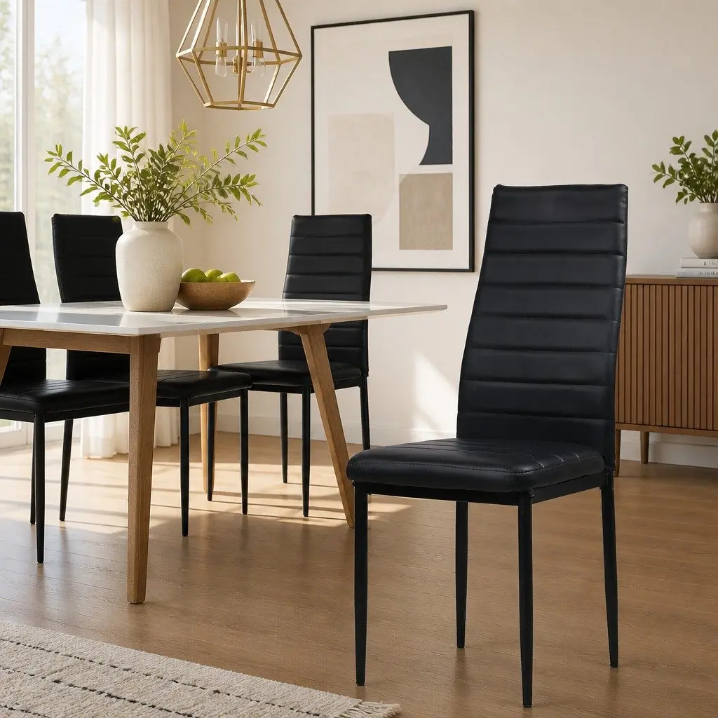 Set of 4 Black Metal Leg Dining Chairs with Channel Tufted PVC Leather Seats