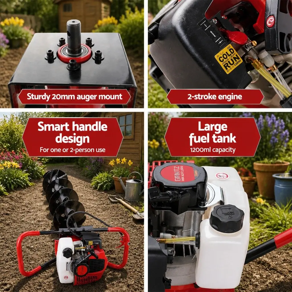 Post Hole Digger 200mm Petrol Powered Auger Drill Extension Bits One Two Person