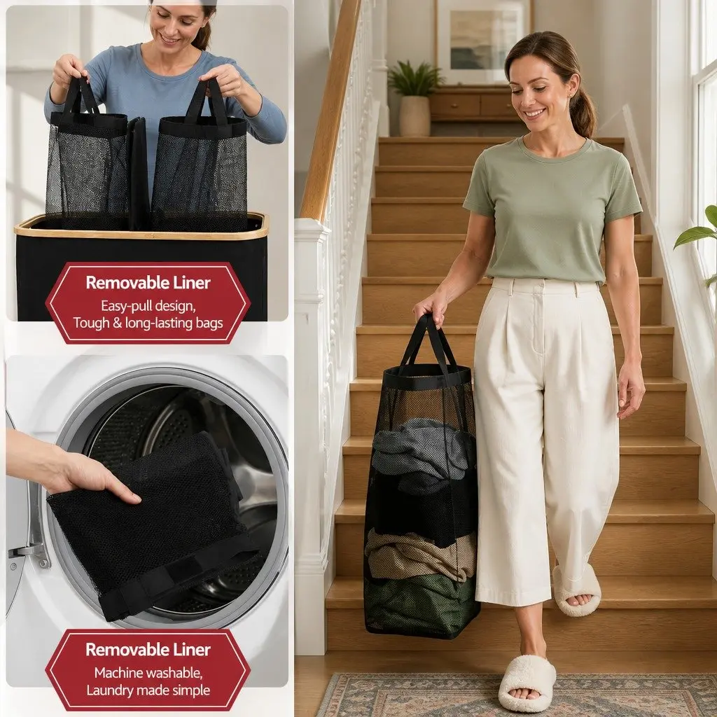 2 Section Laundry Basket with Removable Mesh Bags Foldable Storage Organiser