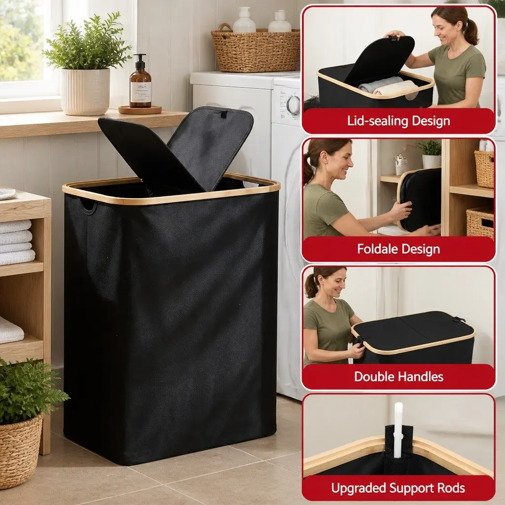 2 Section Laundry Basket with Removable Mesh Bags Foldable Storage Organiser