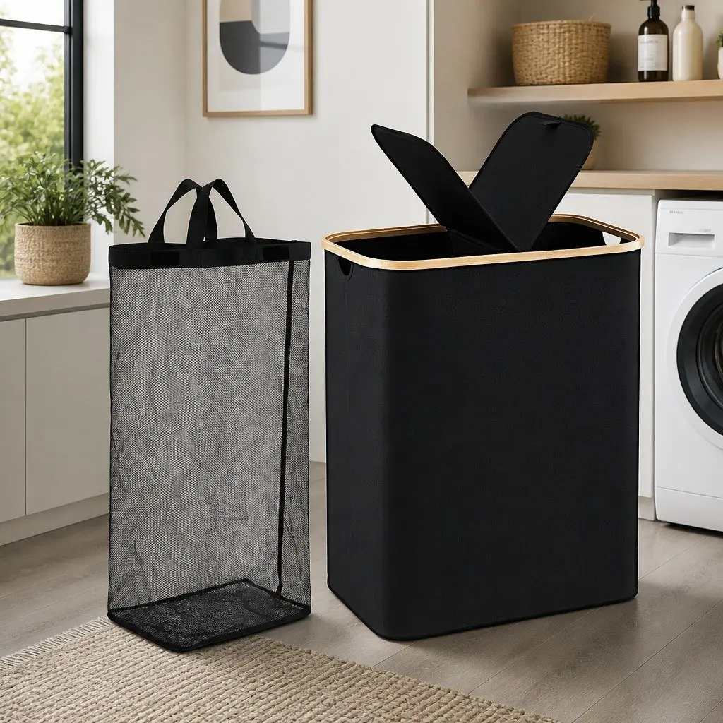 2 Section Laundry Basket with Removable Mesh Bags Foldable Storage Organiser