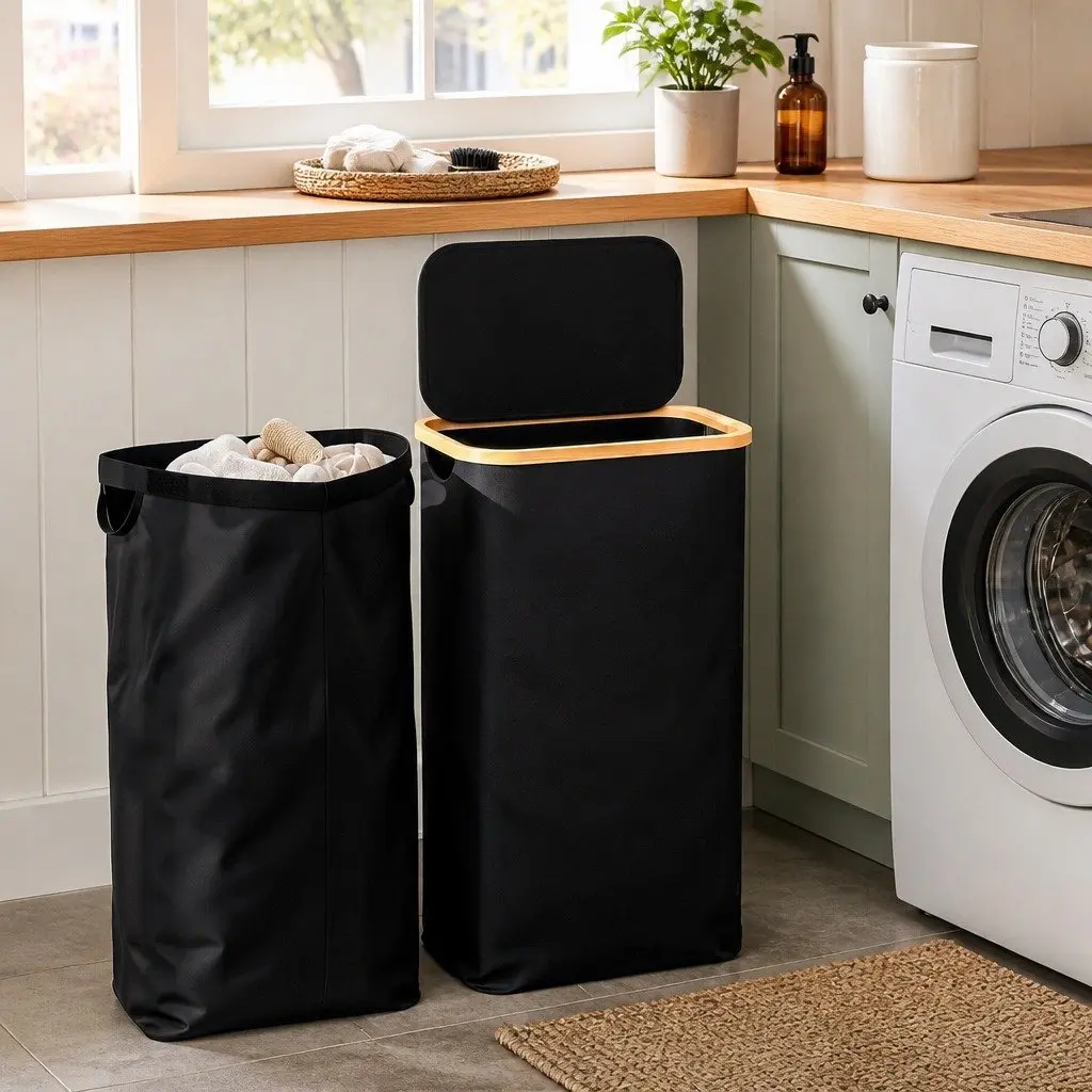 Laundry Basket Foldable Black Removable Mesh Bag 60L Storage Hamper Bedroom