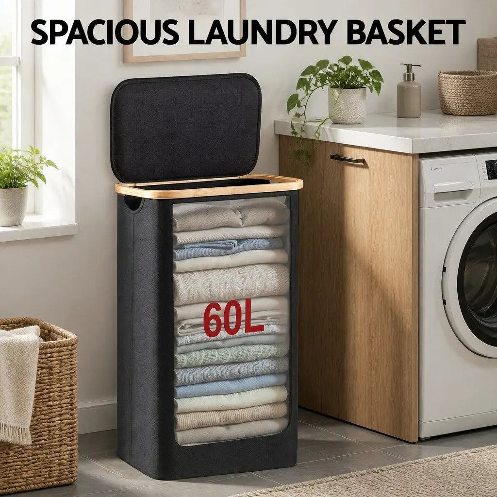 Laundry Basket Foldable Black Removable Mesh Bag 60L Storage Hamper Bedroom
