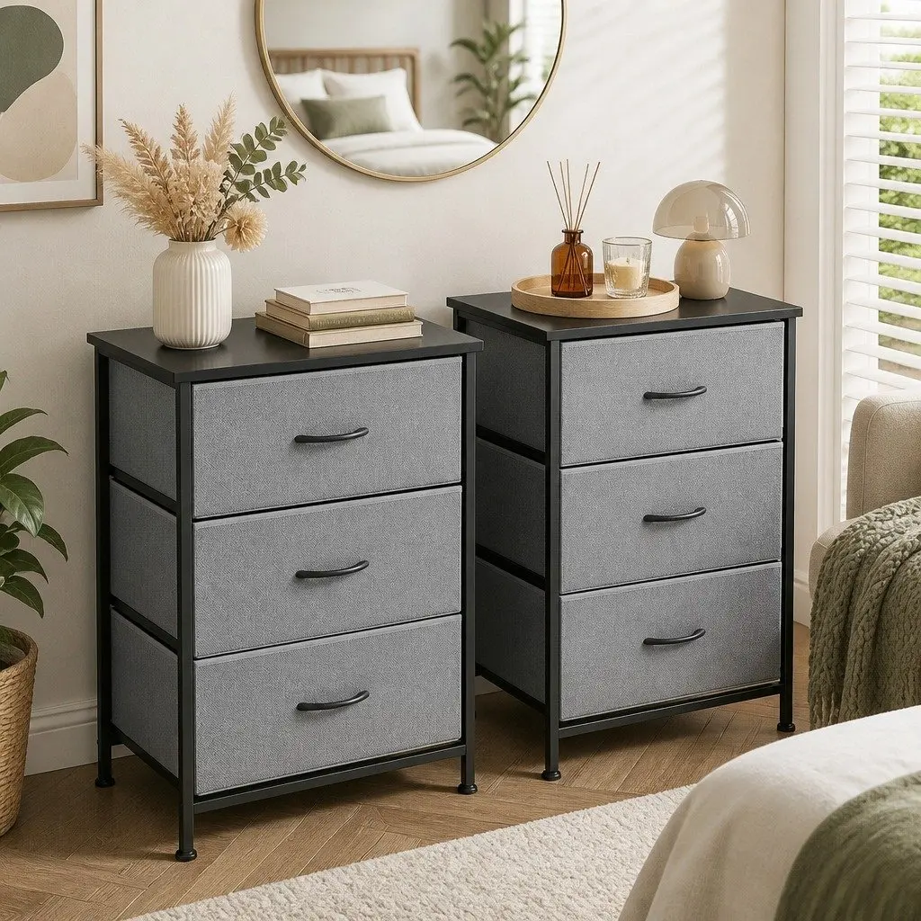 Chest of Drawers Set of 2 Storage Dresser 3 Drawer Bedroom Tallboy Black