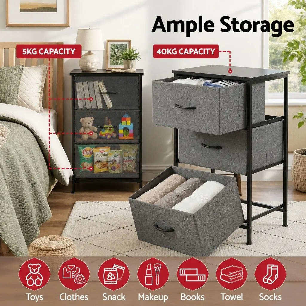 Chest of Drawers Set of 2 Storage Dresser 3 Drawer Bedroom Tallboy Black 47cm W x 30cm D x 73cm H
