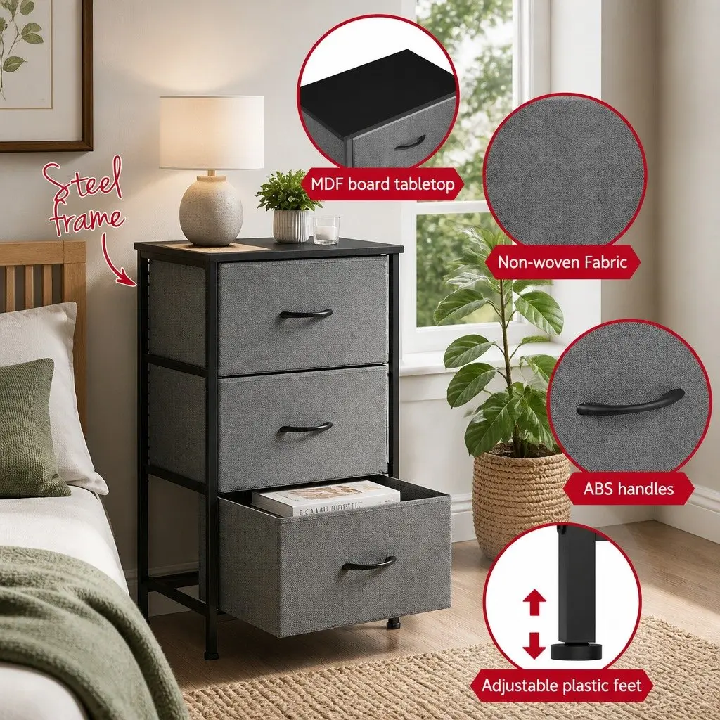 Chest of Drawers Set of 2 Storage Dresser 3 Drawer Bedroom Tallboy Black 47cm W x 30cm D x 73cm H