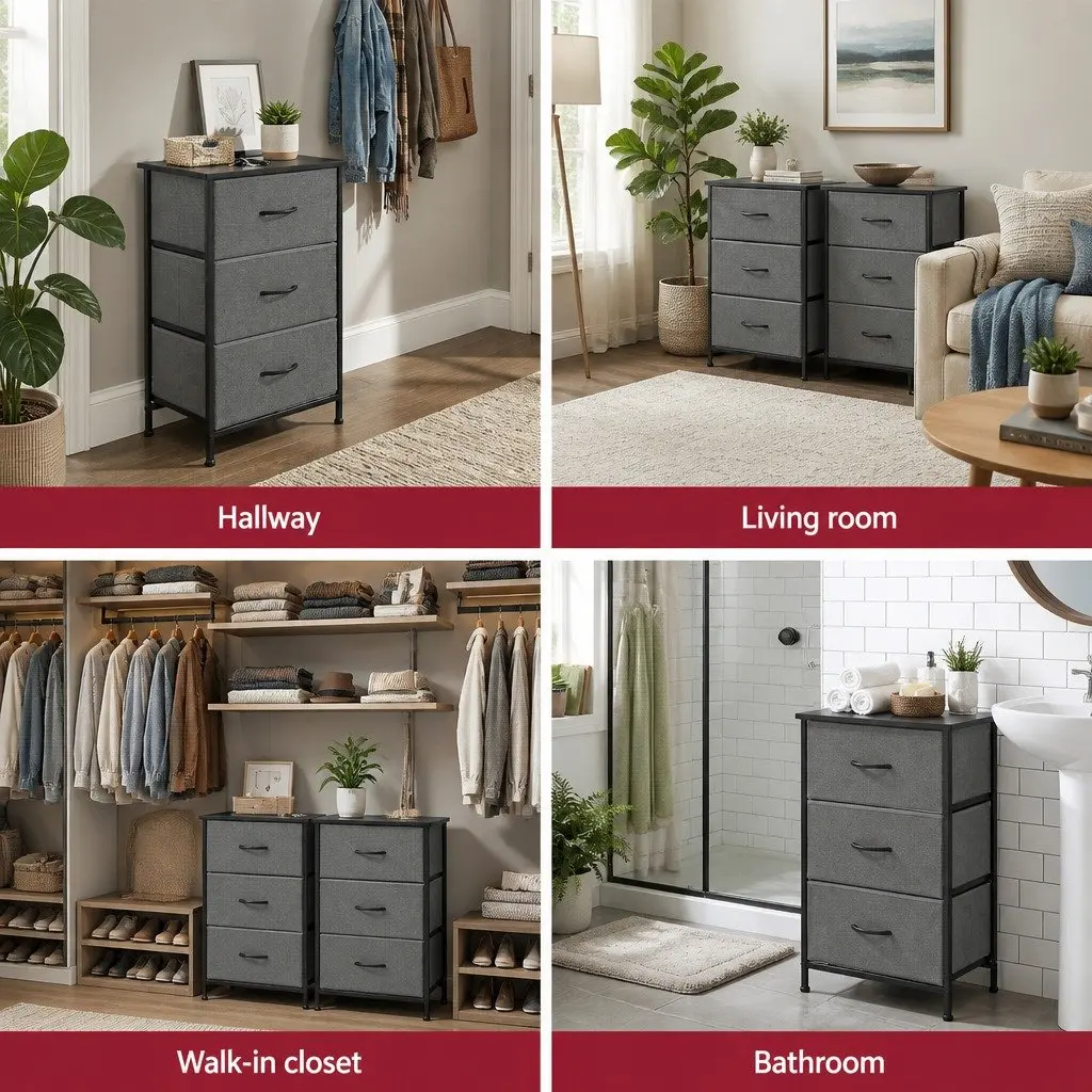 Chest of Drawers Set of 2 Storage Dresser 3 Drawer Bedroom Tallboy Black 47cm W x 30cm D x 73cm H