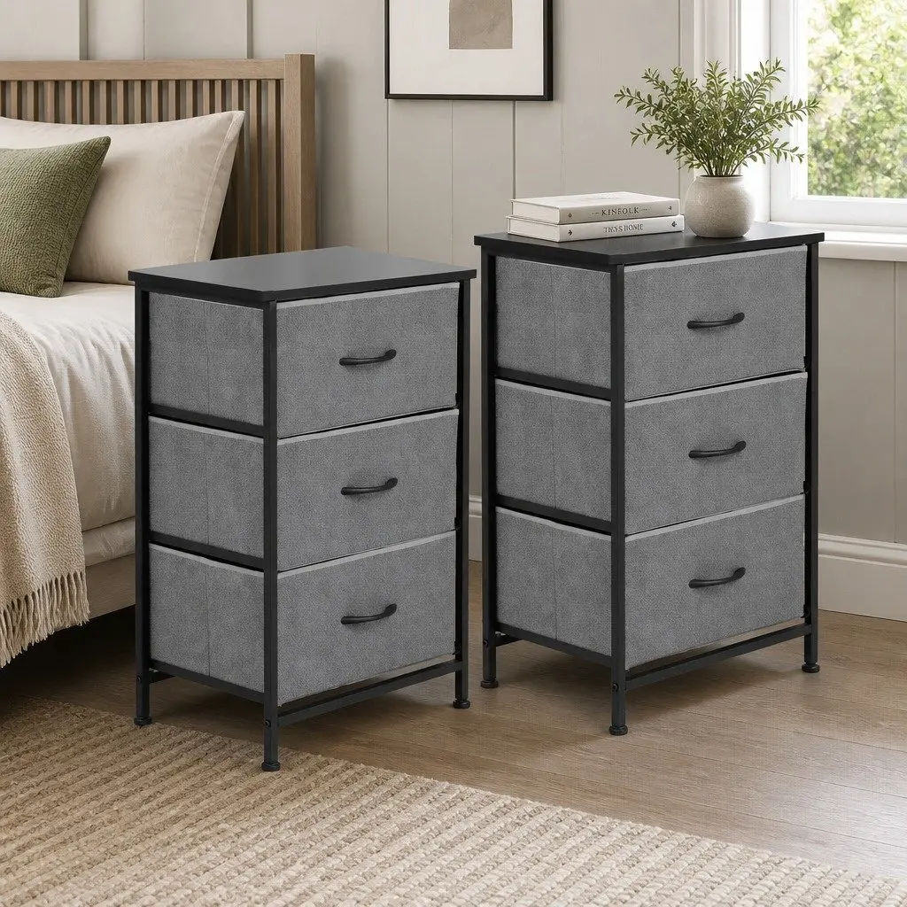 Chest of Drawers Set of 2 Storage Dresser 3 Drawer Bedroom Tallboy Black 47cm W x 30cm D x 73cm H