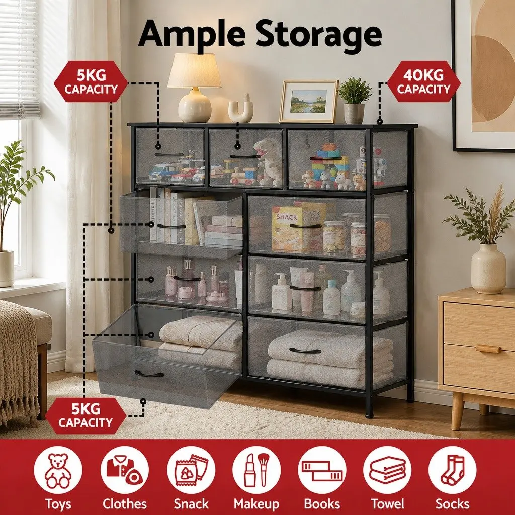 Chest of 9 Drawers Storage Dresser Tallboy Grey Bedroom Furniture Organize
