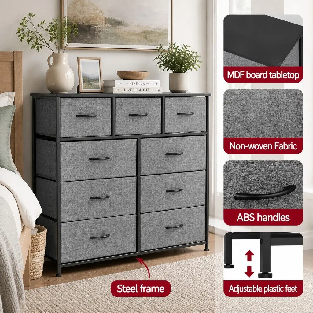 Chest of 9 Drawers Storage Dresser Tallboy Grey Bedroom Furniture Organize