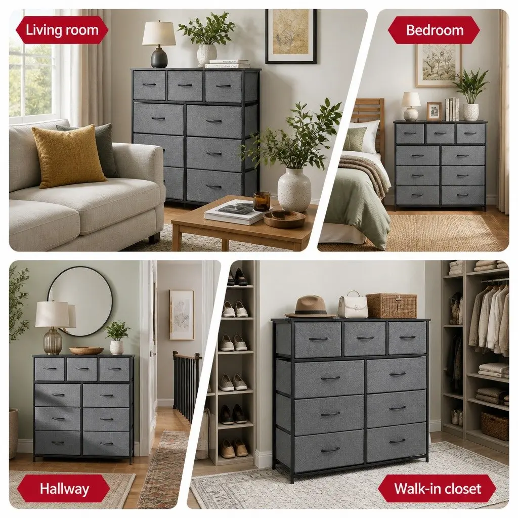 Chest of 9 Drawers Storage Dresser Tallboy Grey Bedroom Furniture Organize