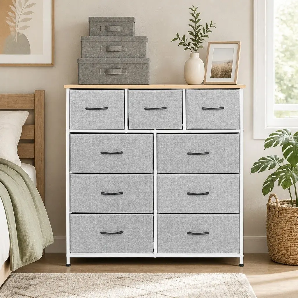 Chest of Drawers Bedroom 9 Drawer Tallboy Storage Cabinet Light Grey